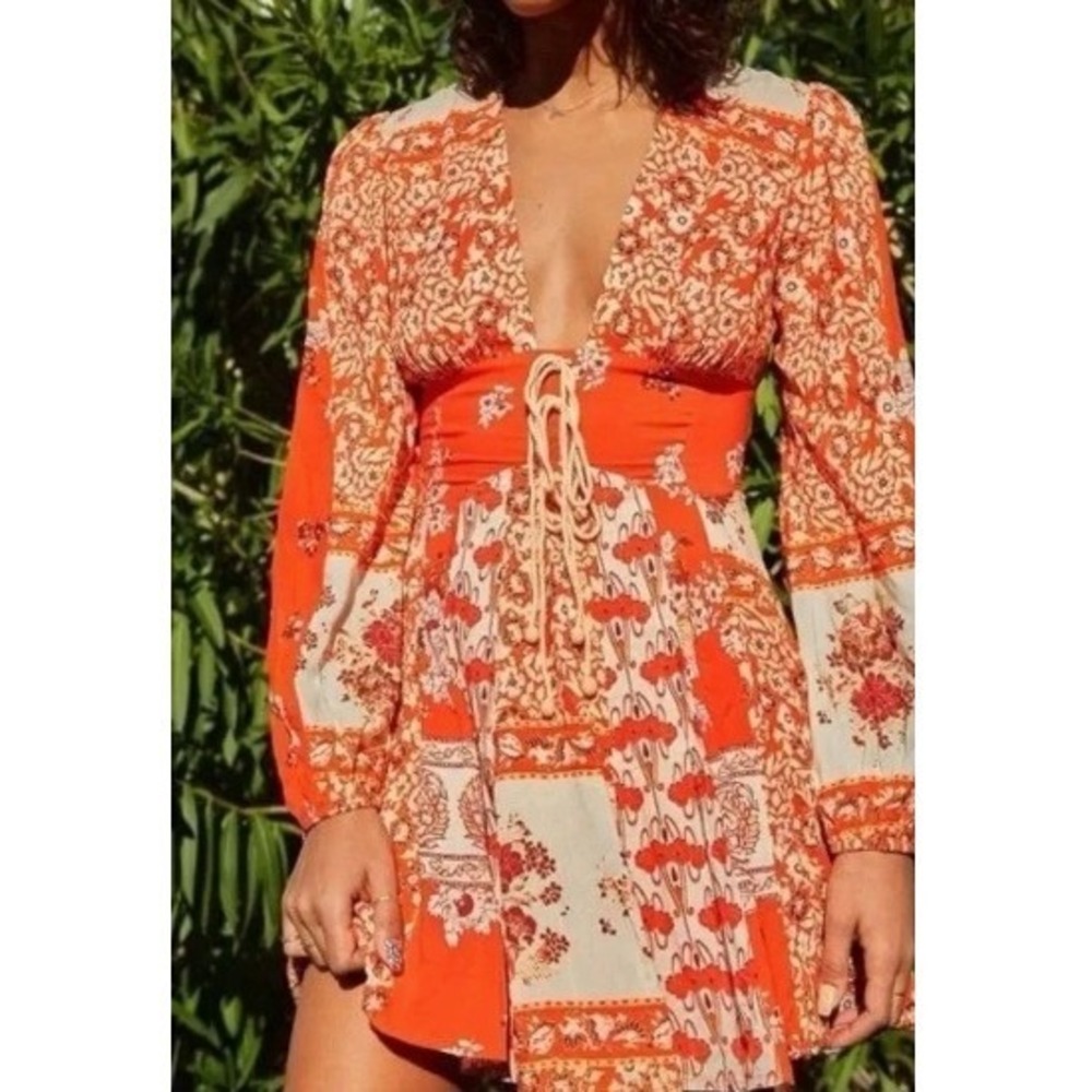 Free People Red Floral Patchwork Mini Dress V-Neck Long Sleeve Boho Small